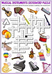 Musical Instruments ESL Crossword Puzzle Worksheet for Kids