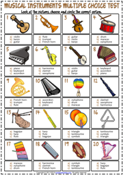 Musical Instruments ESL Printable Multiple Choice Test For Kids