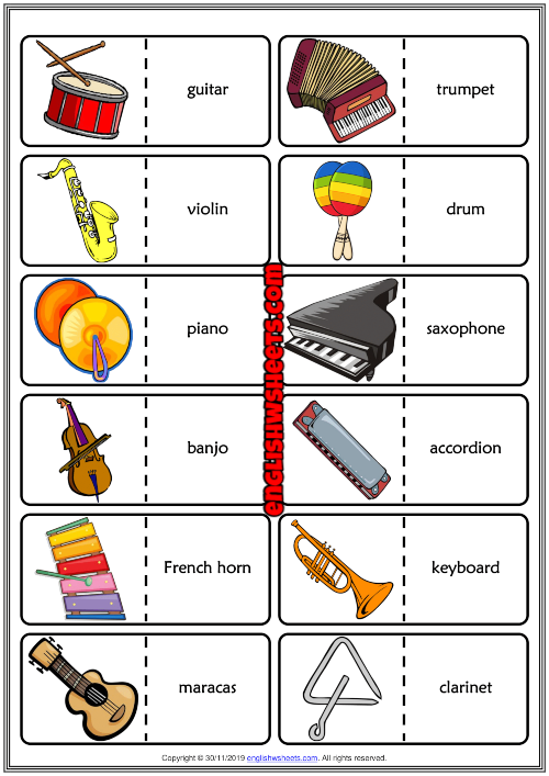 Musical Instruments ESL Printable Dominoes Game For Kids
