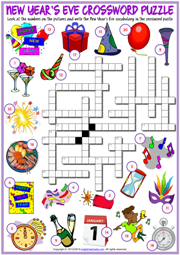 New Year's Eve ESL Crossword Puzzle Worksheet for Kids