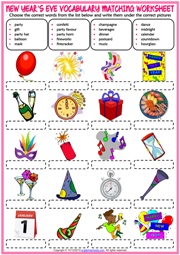 New Year's Eve ESL Matching Exercise Worksheet For Kids