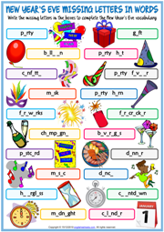 New Year's Eve ESL Missing Letters In Words Worksheet