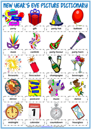 New Year's Eve ESL Picture Dictionary Worksheet For Kids