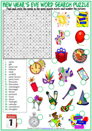 New Year's Eve ESL Word Search Puzzle Worksheet
