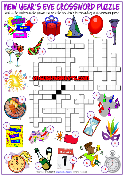 New Year s Eve ESL Crossword Puzzle Worksheet For Kids New Year s Eve ESL Crossword Puzzle Worksheet For Kids