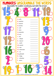 Numbers ESL Unscramble the Words Worksheet For Kids