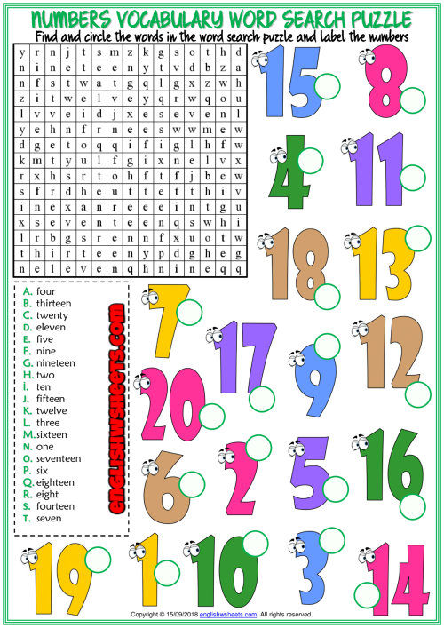 numbers esl printable word search puzzle worksheet