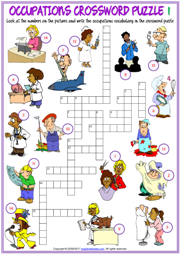 Jobs ESL Printable Crossword Puzzle Worksheets for Kids