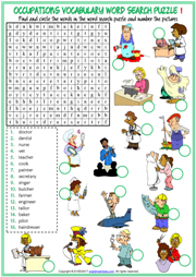 Jobs ESL Printable Word Search Puzzle Worksheets For Kids