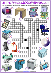 Office Objects ESL Crossword Puzzle Worksheets