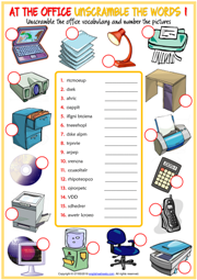 Office Objects ESL Unscramble the Words Worksheets