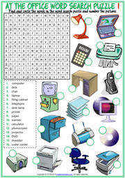 Office Objects ESL Word Search Puzzle Worksheets