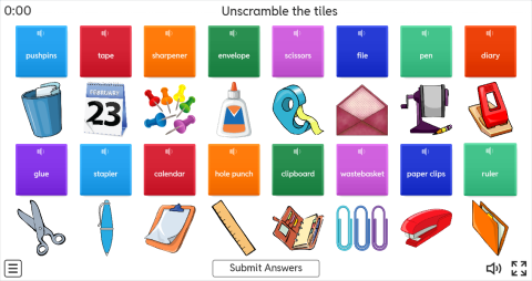 Office Objects ESL Interactive Unscramble Worksheet