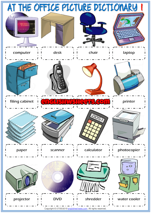 Office Objects ESL Printable Picture Dictionary For Kids