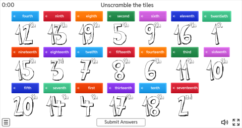 Ordinal Numbers ESL Interactive Unscramble Worksheet