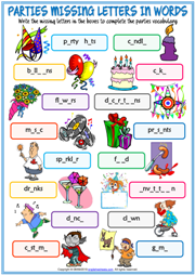Parties Vocabulary ESL Missing Letters In Words Exercise Worksheet