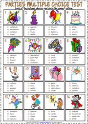 Parties Vocabulary ESL Printable Multiple Choice Test For Kids