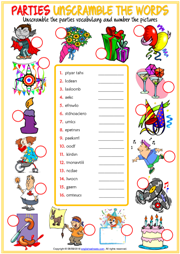 Parties Vocabulary ESL Printable Unscramble the Words Worksheet