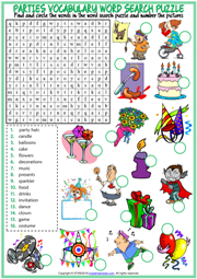 Parties Vocabulary ESL Printable Word Search Puzzle Worksheet