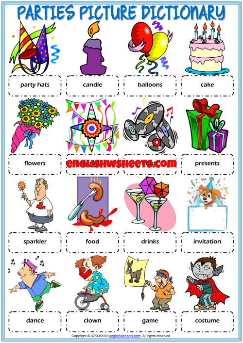 parties vocabulary esl printable picture dictionary worksheet