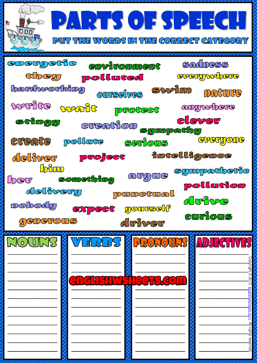 parts of speech classifying esl exercise worksheet