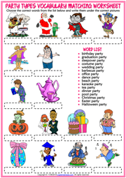Party Types ESL Matching Exercise Worksheet For Kids