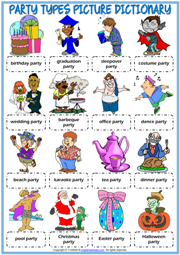 Party Types ESL Printable Picture Dictionary For Kids