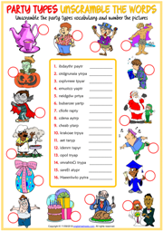 Party Types ESL Unscramble the Words Worksheet For Kids