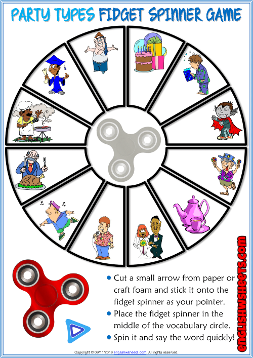 Party Types ESL Printable Fidget Spinner Game For Kids