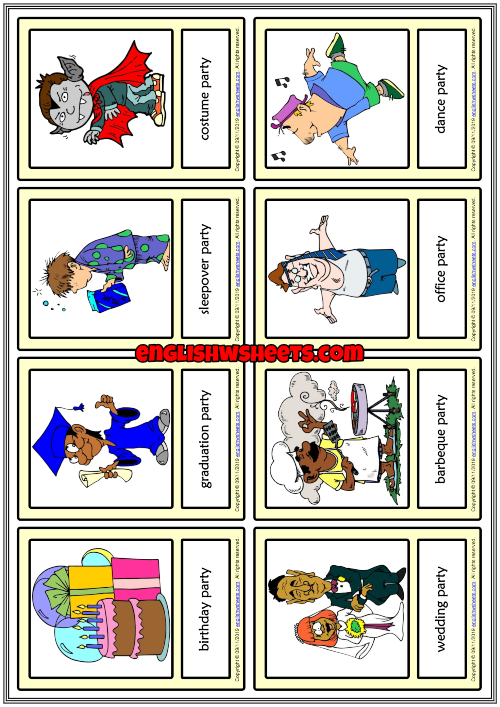 Party Types ESL Printable Vocabulary Learning Cards For Kids