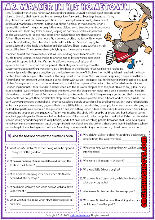 Past Continuous ESL Reading Comprehension Questions Worksheet