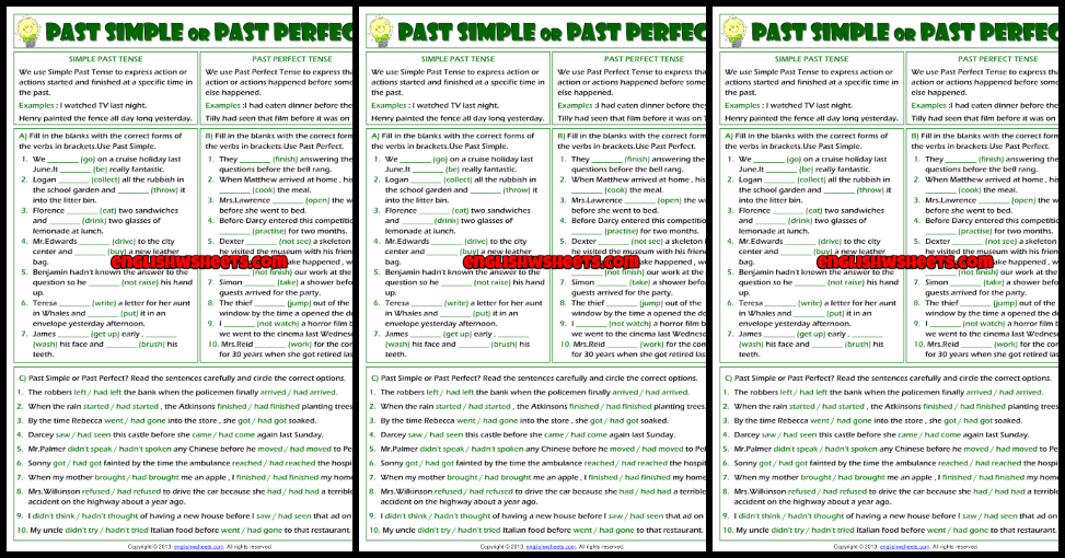 Past Perfect Tense ESL Printable Worksheets and Exercises