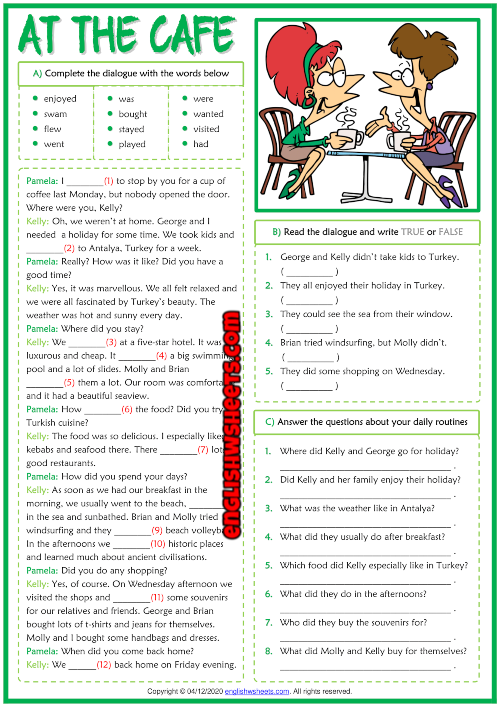 past simple esl dialogue comprehension exercises worksheet