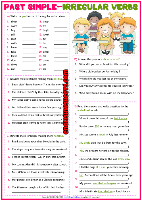 Simple Past Tense Irregular Verbs Worksheets Pdf