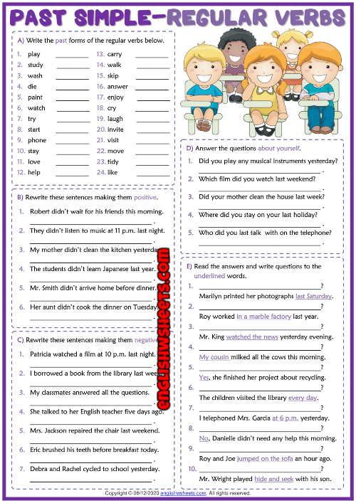 Past Simple Regular Verbs ESL Grammar Test Worksheet