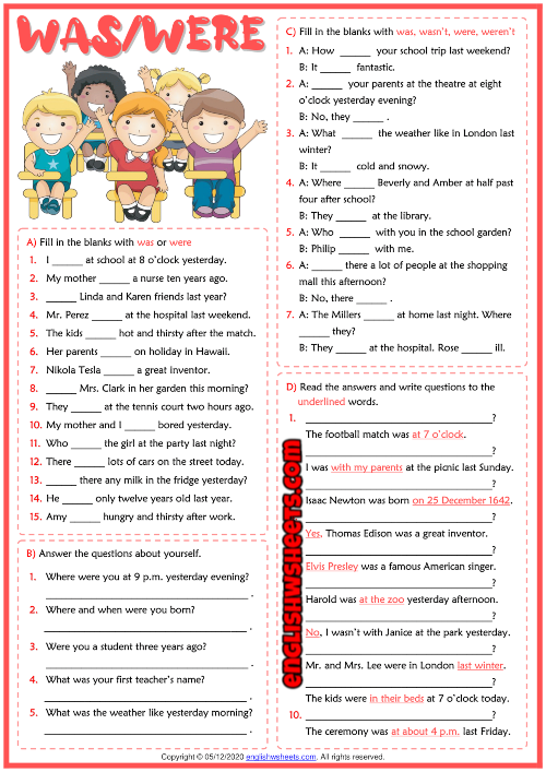 Past Simple Was Were ESL Grammar Exercises Test Worksheet