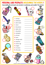 Personal Care Products Unscramble the Words Worksheets
