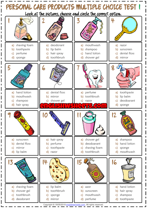 Personal Care Products ESL Multiple Choice Tests For Kids