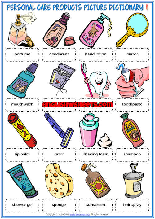 Personal Care Products ESL Picture Dictionary Worksheets