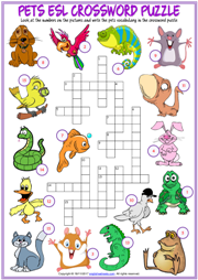 pets esl printable crossword puzzle worksheet for kids