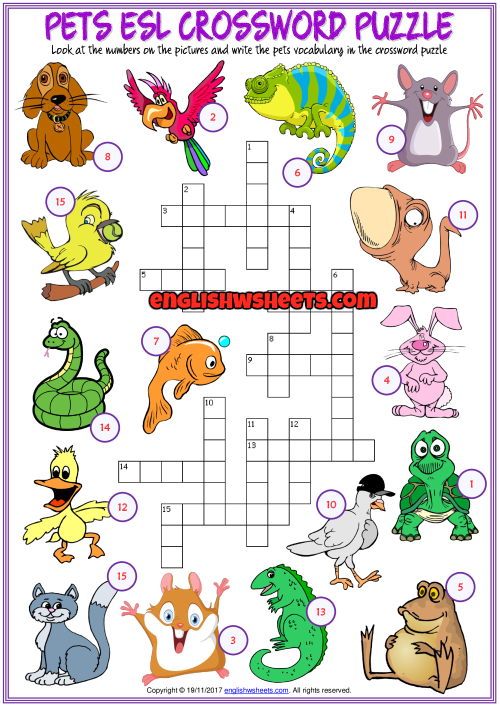 Pets ESL Printable Crossword Puzzle Worksheet for Kids