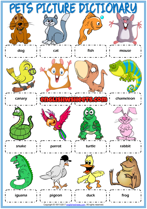Pets ESL Printable Picture Dictionary Worksheet For Kids