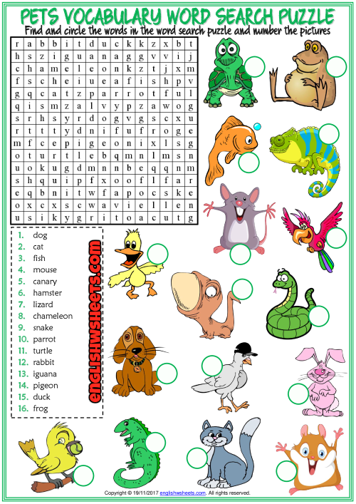 Pets ESL Printable Word Search Puzzle Worksheet For Kids