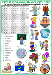 Places at School ESL Word Search Puzzle Worksheet For Kids