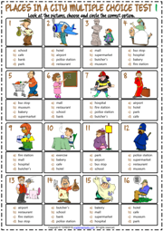 Places in a City ESL Printable Multiple Choice Tests For Kids