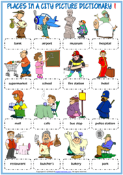 Places in a City ESL Picture Dictionary Worksheets For Kids