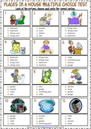 Places in a House ESL Printable Multiple Choice Test For Kids