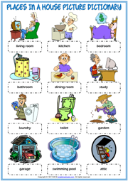 Places in a House ESL Picture Dictionary Worksheet For Kids