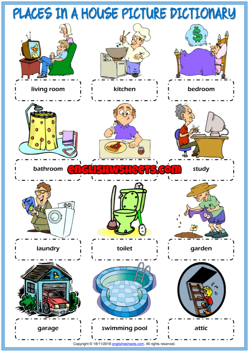 Places in a House ESL Picture Dictionary Worksheet For Kids