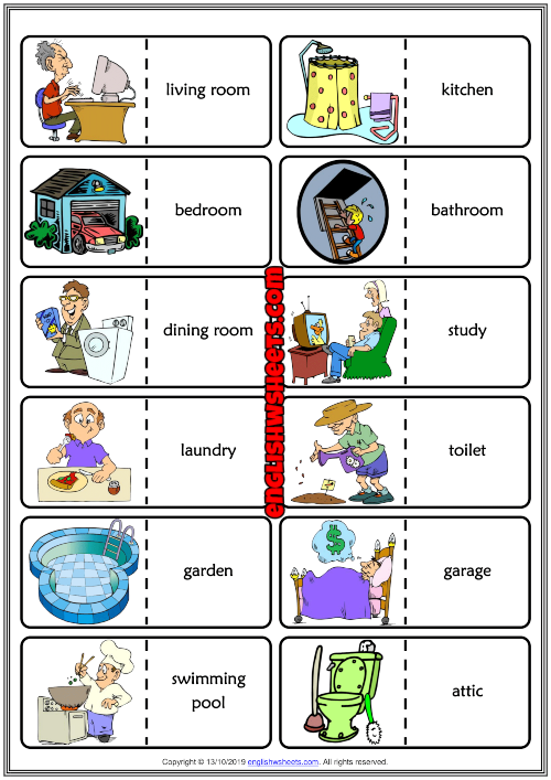 Places in a House ESL Printable Dominoes Game For Kids